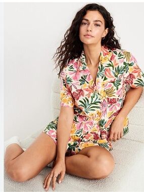 Old Navy Poplin Hawaiian Floral Short Pajama Set sz M